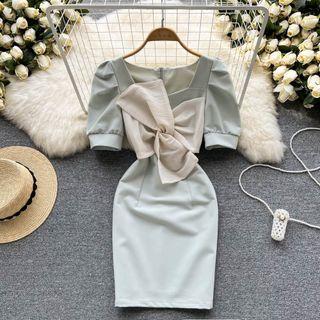 Elbow-sleeve Twisted Mini Sheath Dress