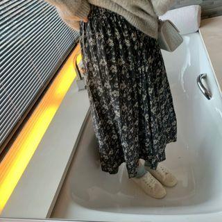 Floral Print Midi Skirt Gray - One Size