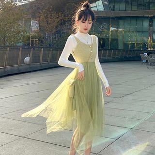 Set: Mock-turtleneck Rubbed Knit Top + Paneled Midi Pinafore Mesh Dress