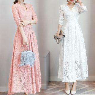 Long-sleeve Crewneck A-line Sheath V-neck Plain Lace Dress