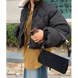 Fleece-collar Quilting Jacket Black - One Size