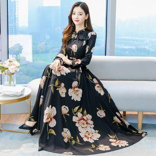 Long-sleeve Tie-waist Floral Maxi A-line Dress