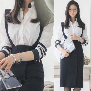Set: Striped Long-sleeve Shirt + Suspender Skirt