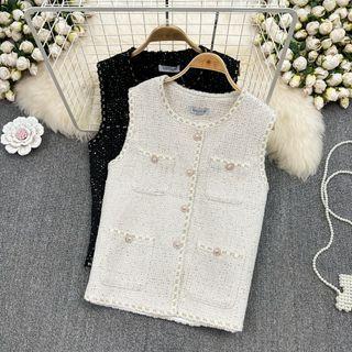 Faux Pearl Button Tweed Vest
