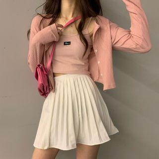 Cardigan / Spaghetti Strap Top / Mini A-line Pleated Skirt / Set