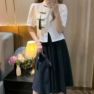 Short-sleeve Printed Frog-button Asymmetric Top / High-waist Plain Skirt
