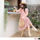Shor Sleeve Mock Two Piece Gather Waist Dress