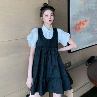 Plain Short-sleeve Blouse / Mini Pinafore Dress