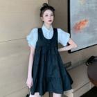 Plain Short-sleeve Blouse / Mini Pinafore Dress