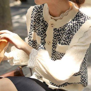 Contrast Trim Patterned Button-up Sweater Vest