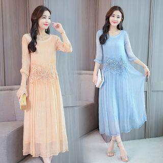 Crochet Trim Elbow Sleeve Maxi Dress