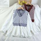 Mock Two-piece Long-sleeve Checkered Knit Panel Blouse