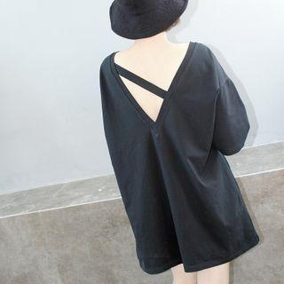 Plain Elbow-sleeve Cutout-back T-shirt