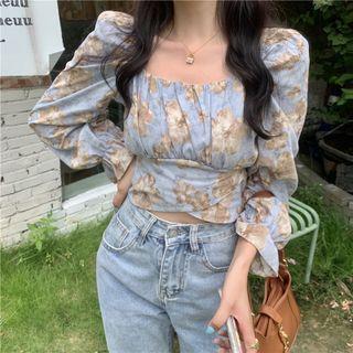 Puff Long-sleeve Floral Cropped Blouse