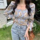 Puff Long-sleeve Floral Cropped Blouse