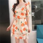 Short-sleeve Floral Print A-line Dress As Shown In Figure - One Size