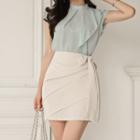 Set: Plain Cap-sleeve Chiffon Blouse + Bow Accent High-waist Mini Pencil Skirt
