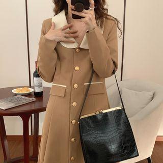 Contrast Collar Long Button Coat