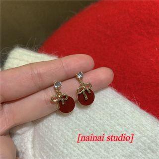 Rhinestone Bow Drop Earring 1 Pair - Silver Needle - Red - One Size