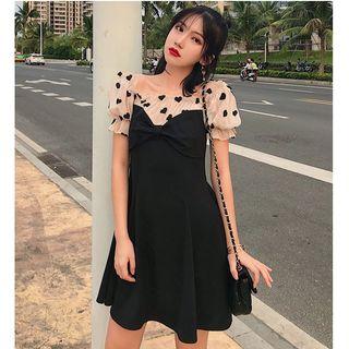 Short-sleeve Heart Print Mini A-line Dress