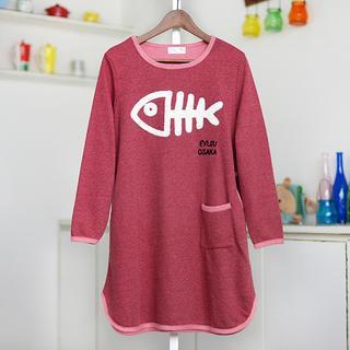 Long-sleeve Fish Bone Pattern Dress Red - One Size