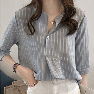Notched-neckline Striped Blouse