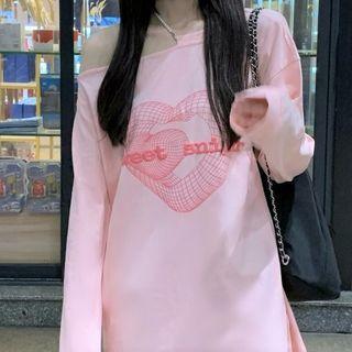 Cold Shoulder Lettering Heart Print Sweatshirt Pink - One Size