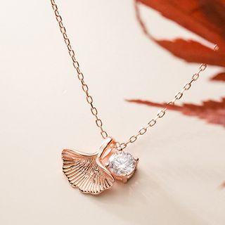 925 Sterling Silver Rhinestone Leaf Pendant Necklace S925 Silver Necklace - Rose Gold - One Size