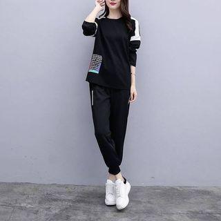 Set: Lettering Contrast Trim Sweatshirt + Cropped Harem Pants