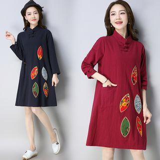 Leaf Applique Long Sleeve Mandarin Collar Dress