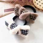 Fluffy Trim Houndstooth Bow Hair Tie