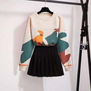 Cartoon Print Sweater / A-line Skirt / Set