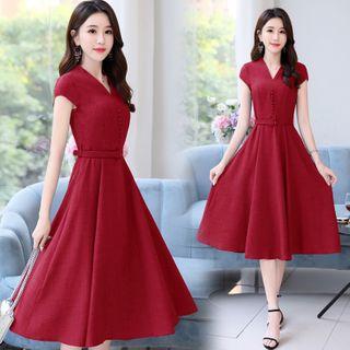 Belted Cap-sleeve Midi A-line Dress