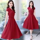 Belted Cap-sleeve Midi A-line Dress
