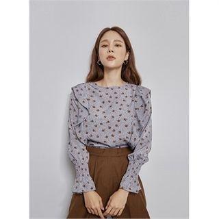 Ruffle-trim Patterned Blouse Light Blue - One Size