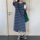 Short-sleeve Striped Midi A-line Dress Stipes - Blue - One Size