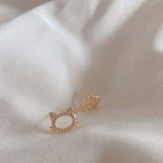 Non-matching 925 Sterling Silver Rhinestone Cat & Fish Bone Earring 1 Pair - Eh0519 - As Shown In Figure - One Size
