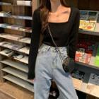 Long-sleeve Square Neck Plain Top