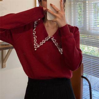 Collared Panel Faux Pearl Puff-sleeve Knitted Top As Shown In Figure - One Size