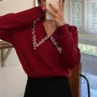 Collared Panel Faux Pearl Puff-sleeve Knitted Top As Shown In Figure - One Size