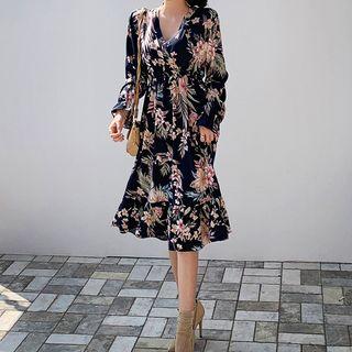 Frill-hem Floral Midi Wrap Dress
