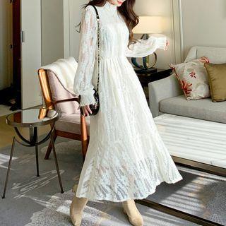High-neck Bishop-sleeve Long Lace Dress With Tassel Sash