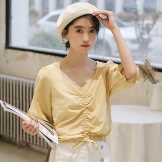 Puff-sleeve Plaid Drawstring Cropped Blouse