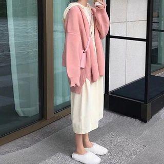 Set: Plain Cardigan + Midi Knit Hoodie Dress