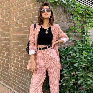 Plaid Blazer / Straight-fit Dress Pants / Belt / Set