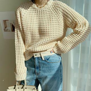 Raglan-sleeve Waffle Sweater Ivory - One Size