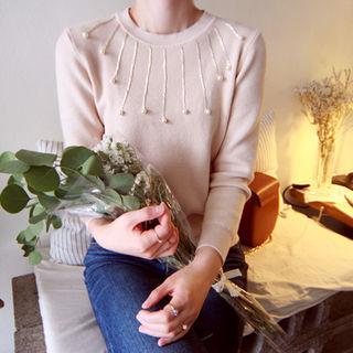 Beaded-trim Wool Blend Knit Top