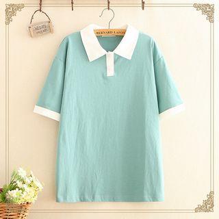 Contrast-trim Lapel Short-sleeve Top