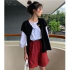 3/4-sleeve Printed T-shirt / Checker Wide-leg Shorts / Buttoned Vest