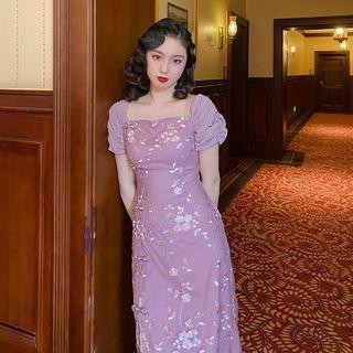 Floral Embroidered Short-sleeve Slit Midi Sheath Dress